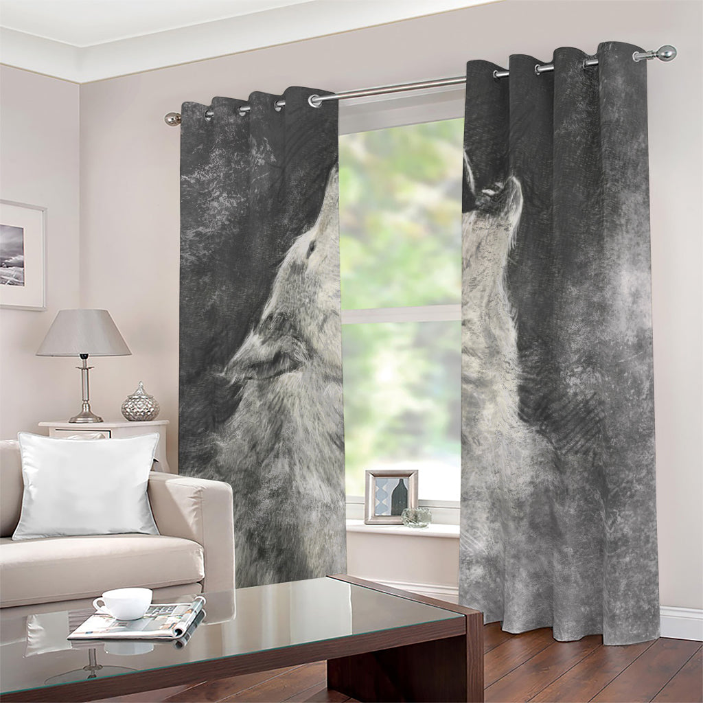 Monochrome Howling Wolf Print Blackout Grommet Curtains