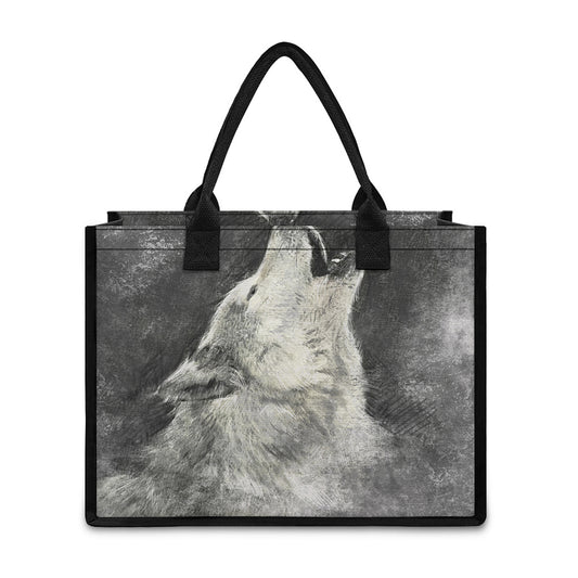 Monochrome Howling Wolf Print Canvas Tote Bag