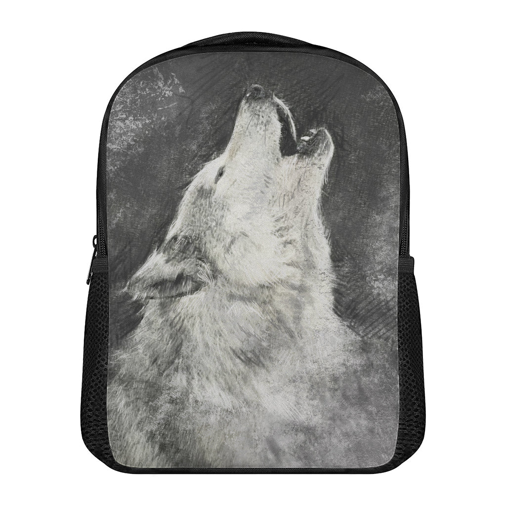 Monochrome Howling Wolf Print Casual Backpack