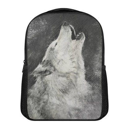 Monochrome Howling Wolf Print Casual Backpack