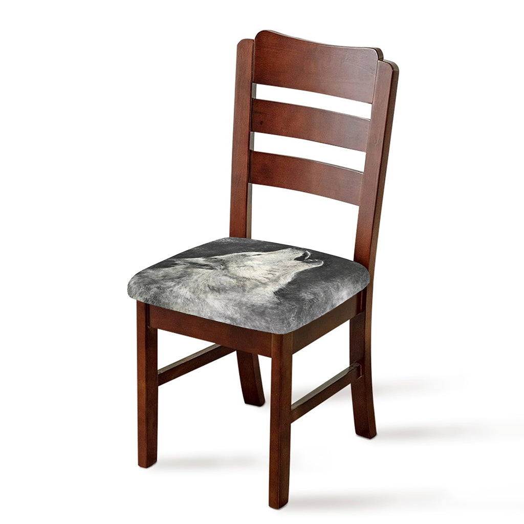 Monochrome Howling Wolf Print Chair Cushion Cover