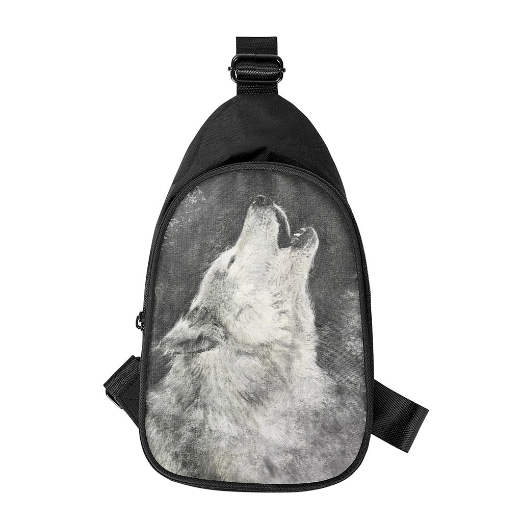 Monochrome Howling Wolf Print Chest Bag