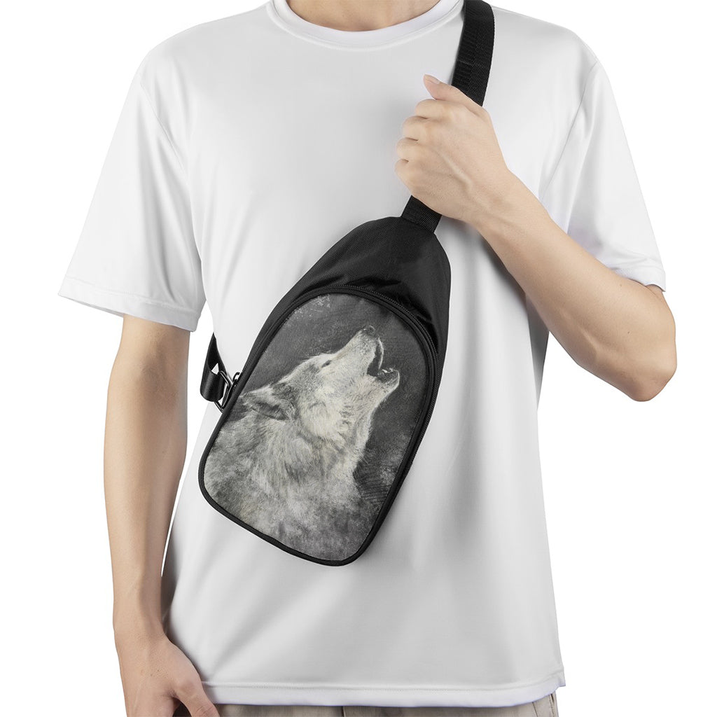 Monochrome Howling Wolf Print Chest Bag