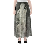 Monochrome Howling Wolf Print Chiffon Maxi Skirt
