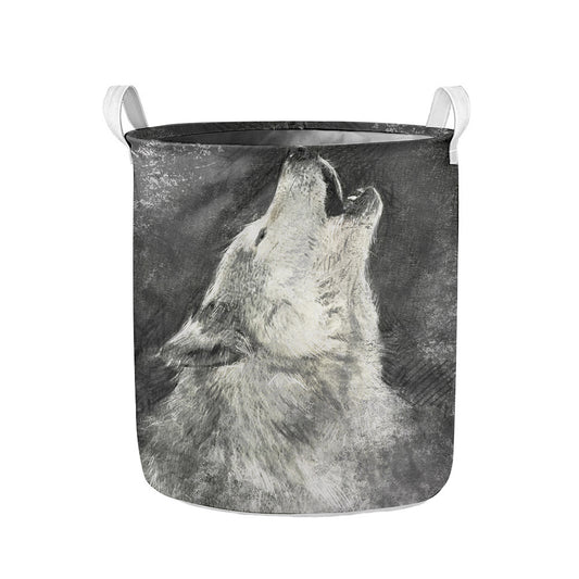Monochrome Howling Wolf Print Collapsible Laundry Basket