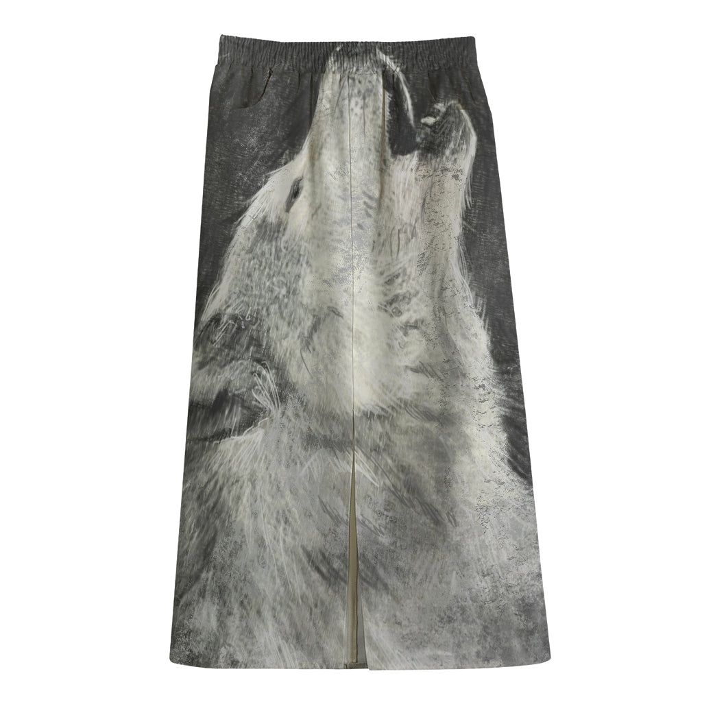Monochrome Howling Wolf Print Cotton Front Slit Maxi Skirt