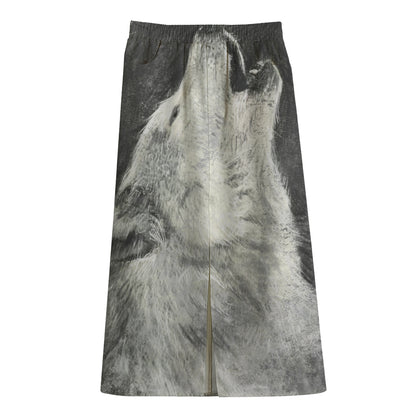 Monochrome Howling Wolf Print Cotton Front Slit Maxi Skirt