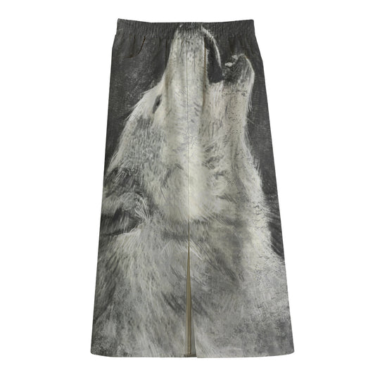 Monochrome Howling Wolf Print Cotton Front Slit Maxi Skirt