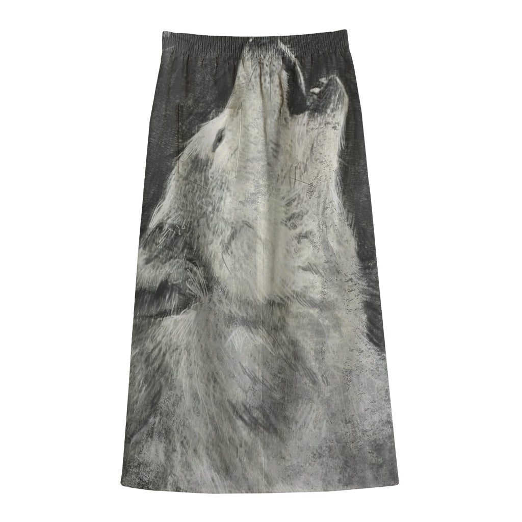 Monochrome Howling Wolf Print Cotton Front Slit Maxi Skirt