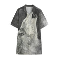 Monochrome Howling Wolf Print Cotton Hawaiian Shirt