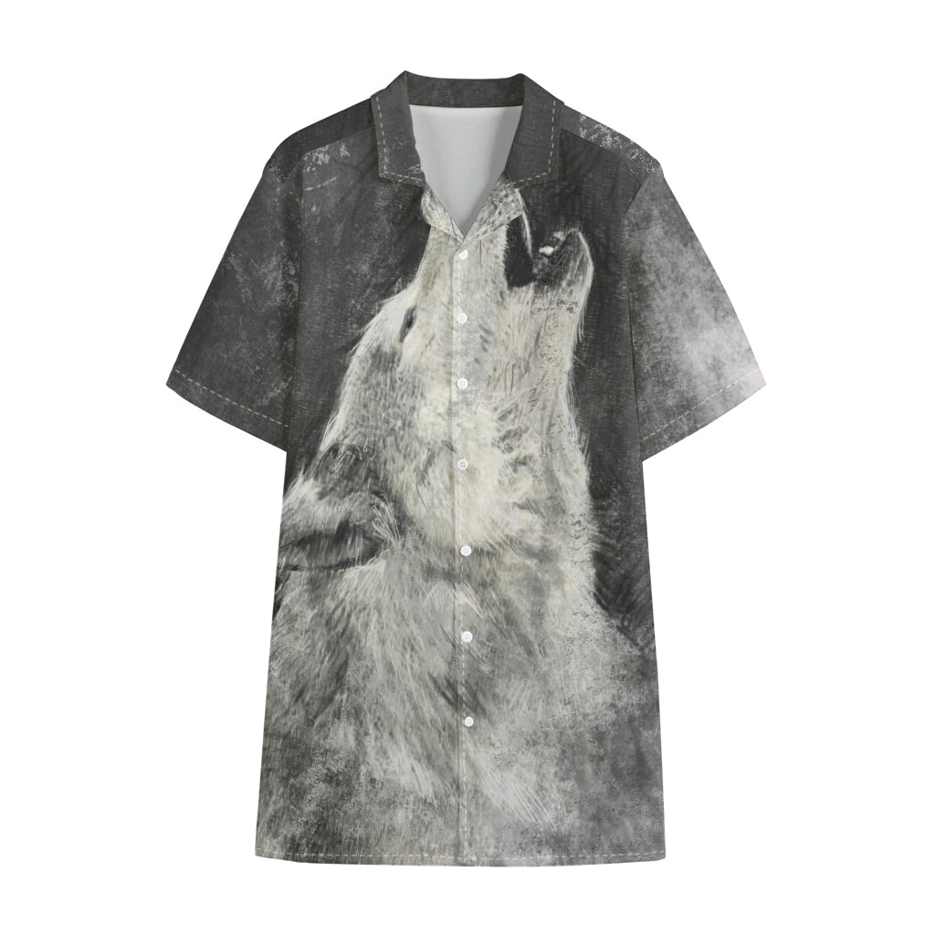 Monochrome Howling Wolf Print Cotton Hawaiian Shirt