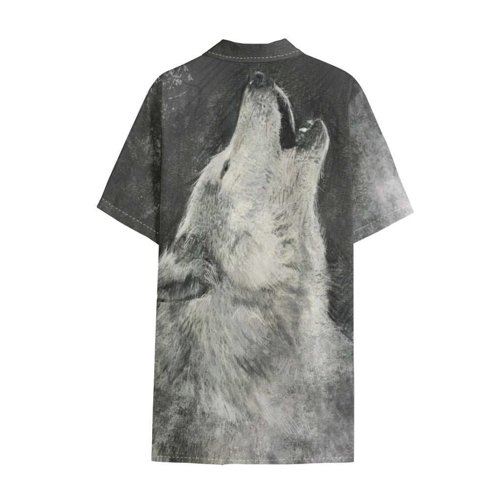 Monochrome Howling Wolf Print Cotton Hawaiian Shirt