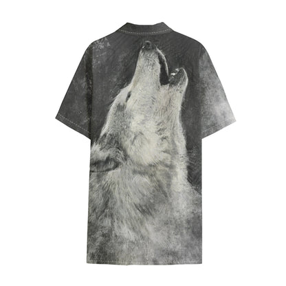 Monochrome Howling Wolf Print Cotton Hawaiian Shirt