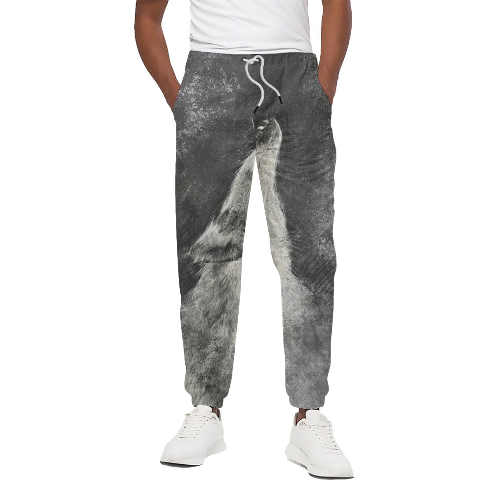 Monochrome Howling Wolf Print Cotton Pants