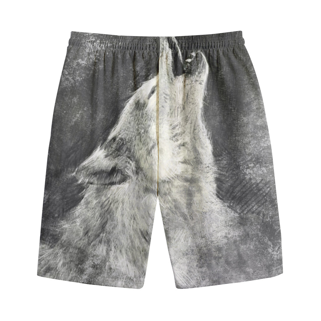 Monochrome Howling Wolf Print Cotton Shorts