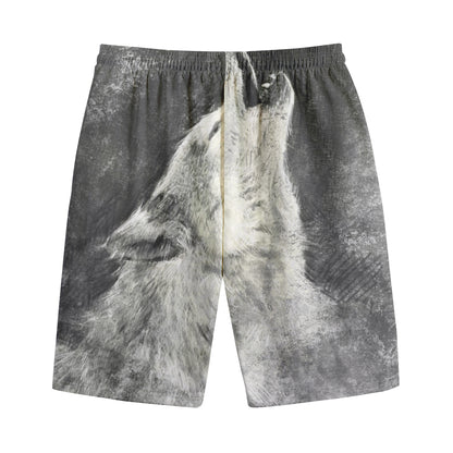 Monochrome Howling Wolf Print Cotton Shorts