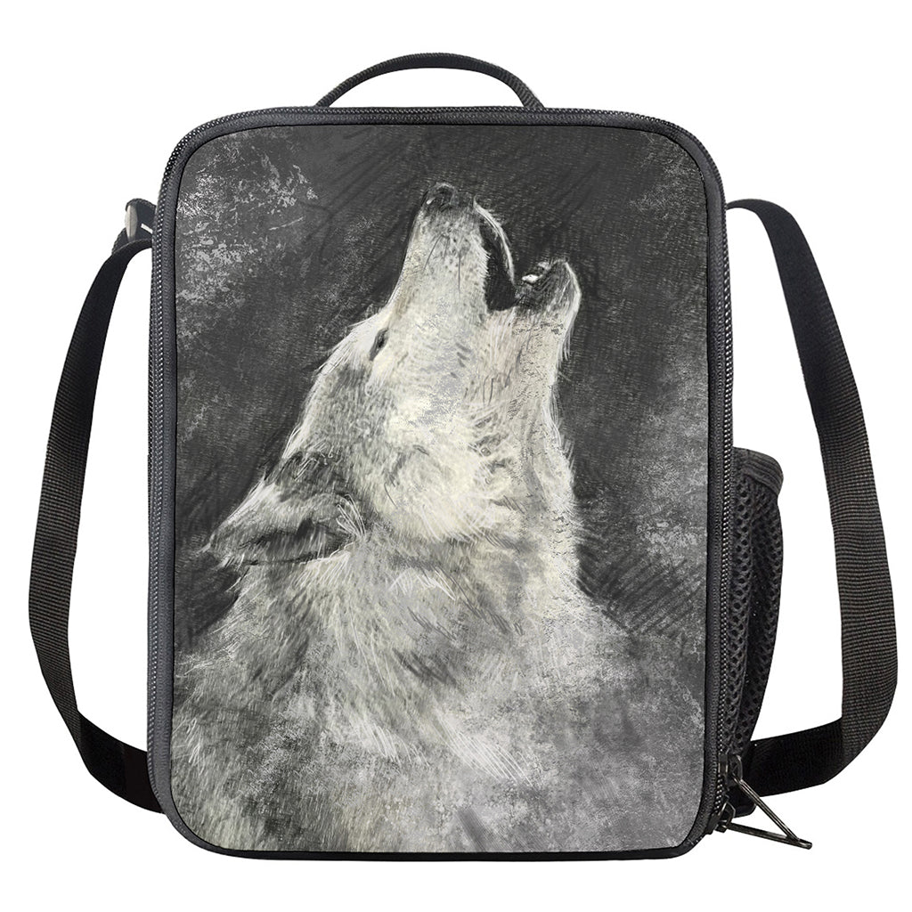 Monochrome Howling Wolf Print Crossbody Lunch Bag