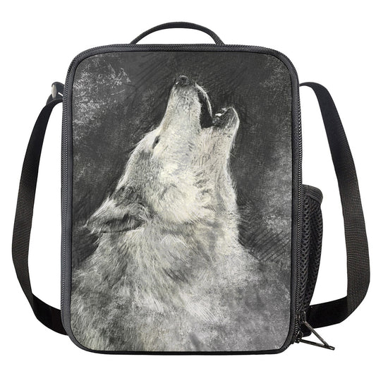 Monochrome Howling Wolf Print Crossbody Lunch Bag