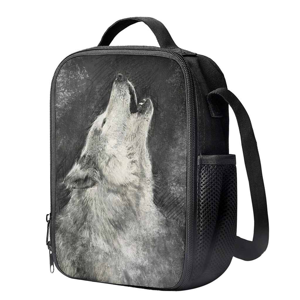 Monochrome Howling Wolf Print Crossbody Lunch Bag