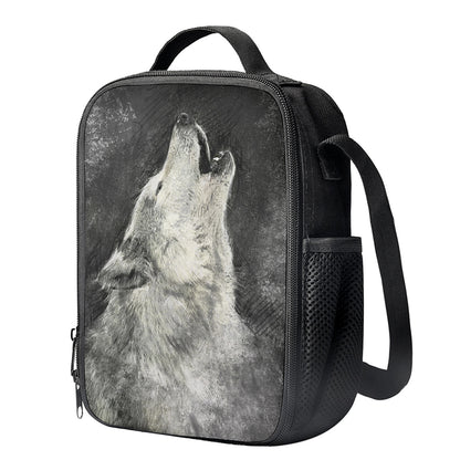 Monochrome Howling Wolf Print Crossbody Lunch Bag