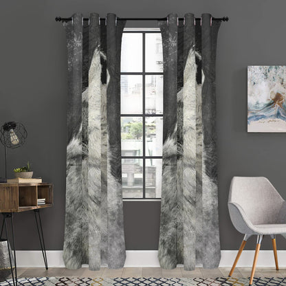 Monochrome Howling Wolf Print Curtain