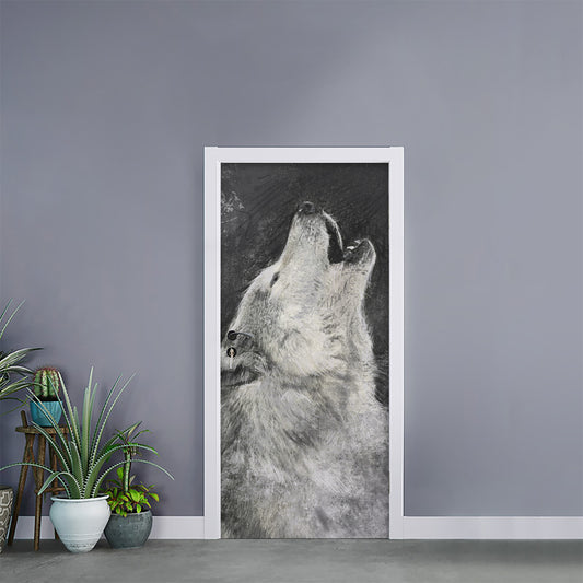 Monochrome Howling Wolf Print Door Sticker
