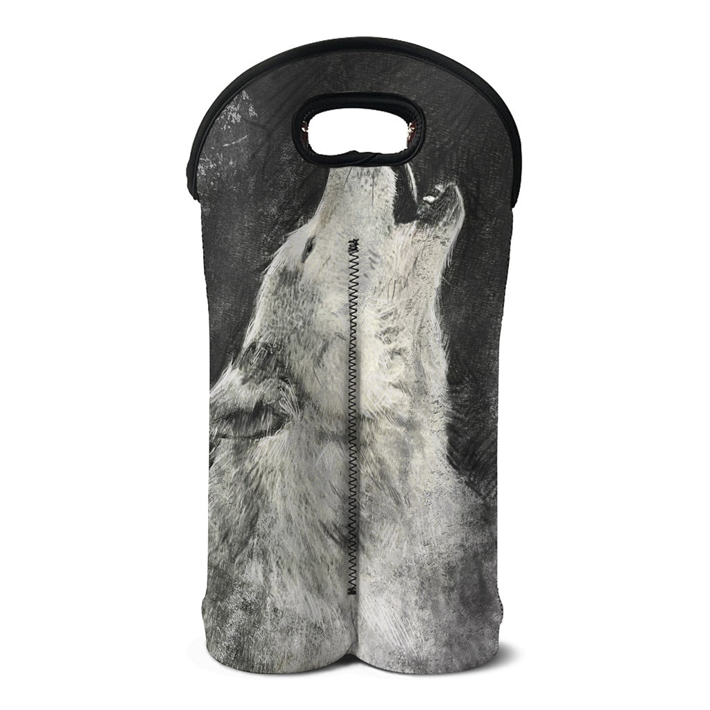 Monochrome Howling Wolf Print Double Neoprene Wine Tote