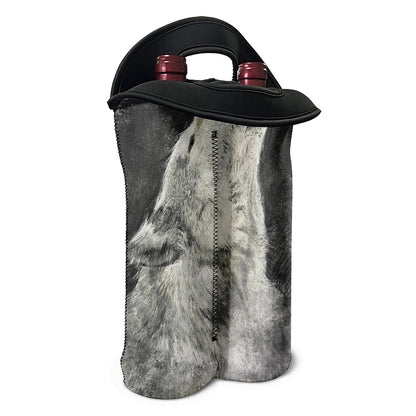 Monochrome Howling Wolf Print Double Neoprene Wine Tote