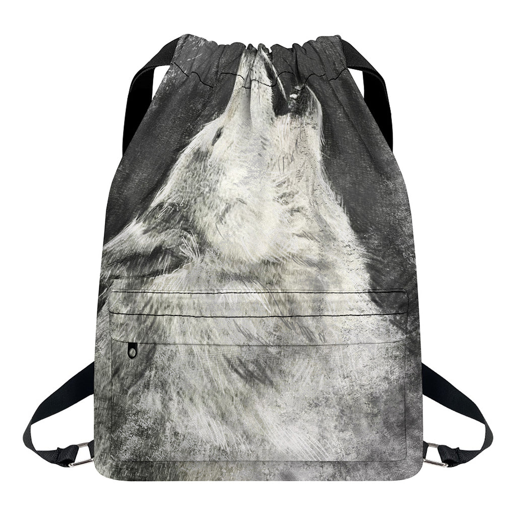 Monochrome Howling Wolf Print Drawstring Backpack