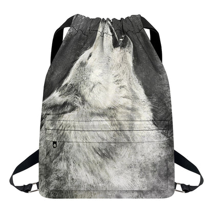 Monochrome Howling Wolf Print Drawstring Backpack
