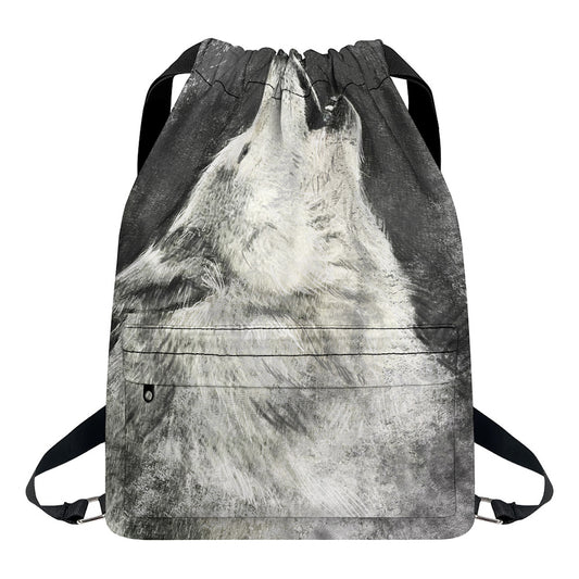 Monochrome Howling Wolf Print Drawstring Backpack