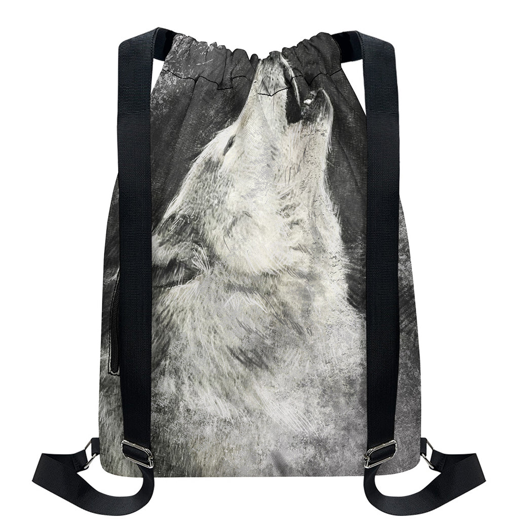 Monochrome Howling Wolf Print Drawstring Backpack