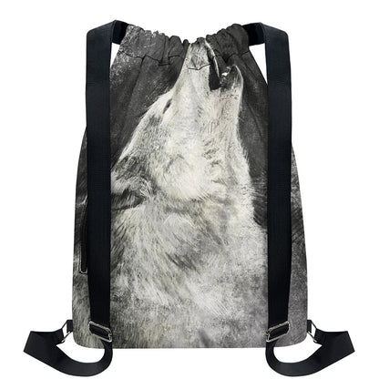 Monochrome Howling Wolf Print Drawstring Backpack