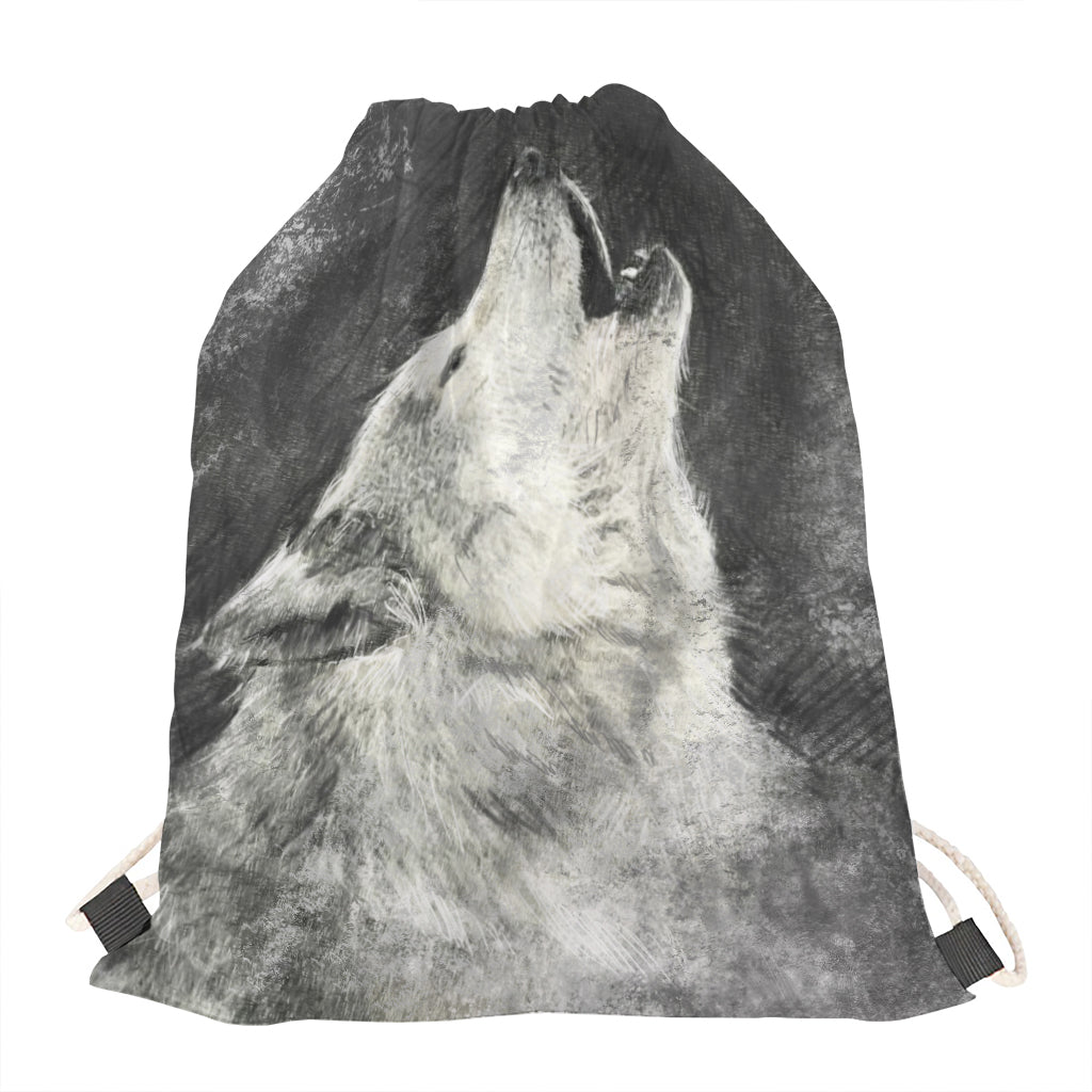 Monochrome Howling Wolf Print Drawstring Bag