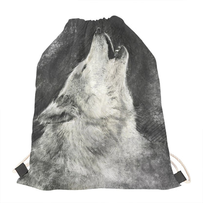 Monochrome Howling Wolf Print Drawstring Bag