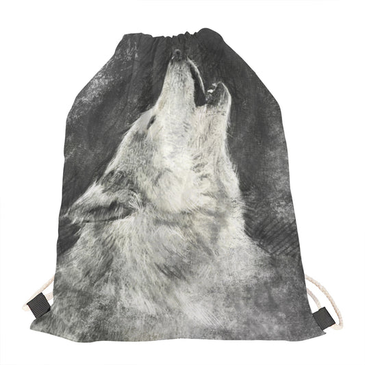 Monochrome Howling Wolf Print Drawstring Bag