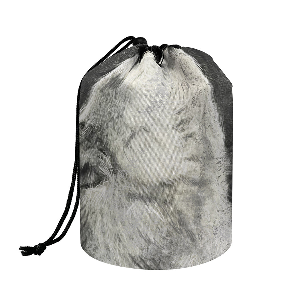 Monochrome Howling Wolf Print Drawstring Makeup Bag