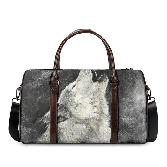 Monochrome Howling Wolf Print Duffle Bag