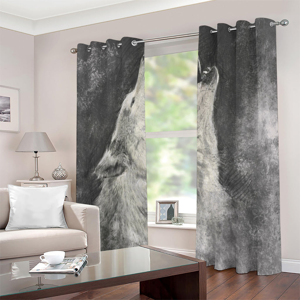 Monochrome Howling Wolf Print Extra Wide Grommet Curtains