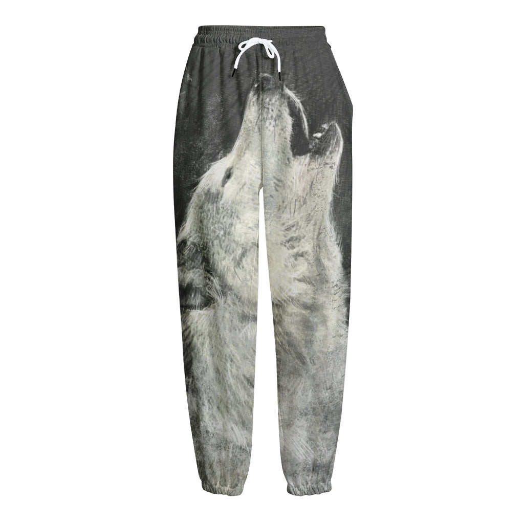 Monochrome Howling Wolf Print Fleece Lined Knit Pants