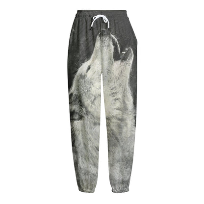 Monochrome Howling Wolf Print Fleece Lined Knit Pants