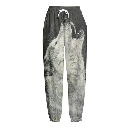 Monochrome Howling Wolf Print Fleece Lined Knit Pants