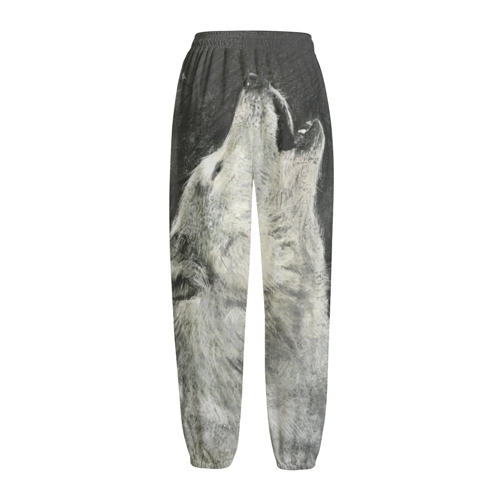 Monochrome Howling Wolf Print Fleece Lined Knit Pants