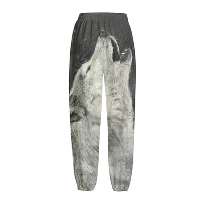 Monochrome Howling Wolf Print Fleece Lined Knit Pants