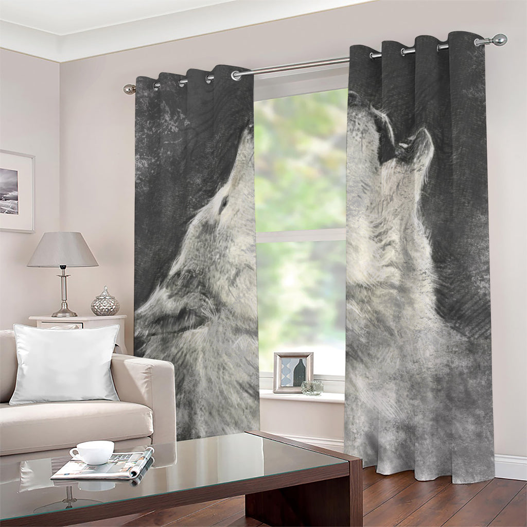 Monochrome Howling Wolf Print Grommet Curtains