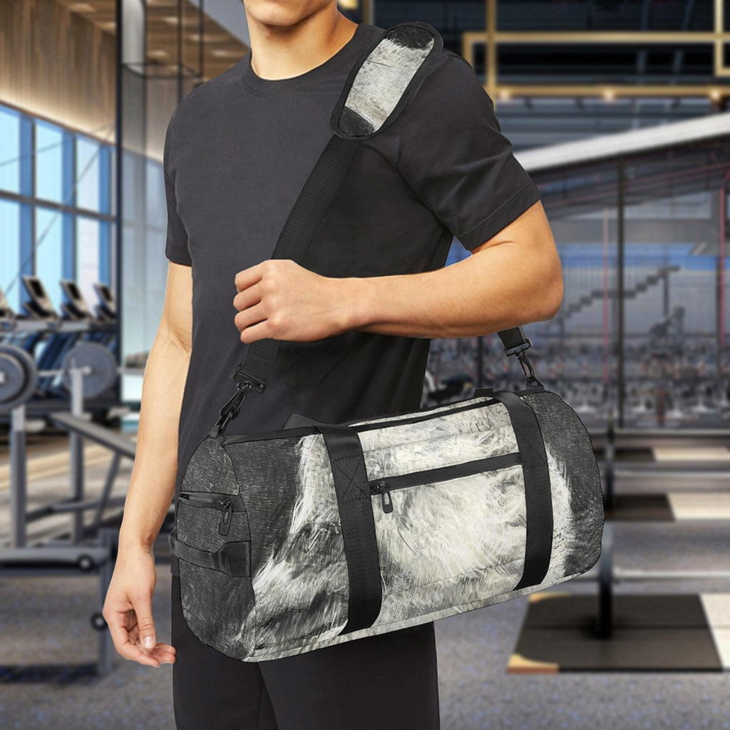 Monochrome Howling Wolf Print Gym Bag