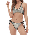 Monochrome Howling Wolf Print Halter Scoop Tie Side Bikini