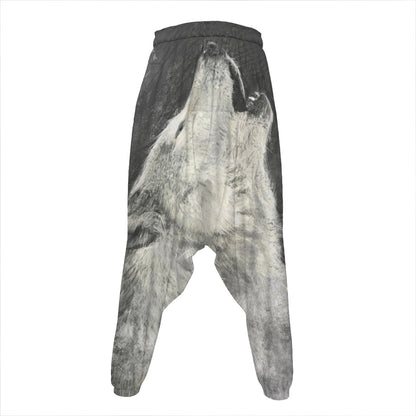 Monochrome Howling Wolf Print Hammer Pants