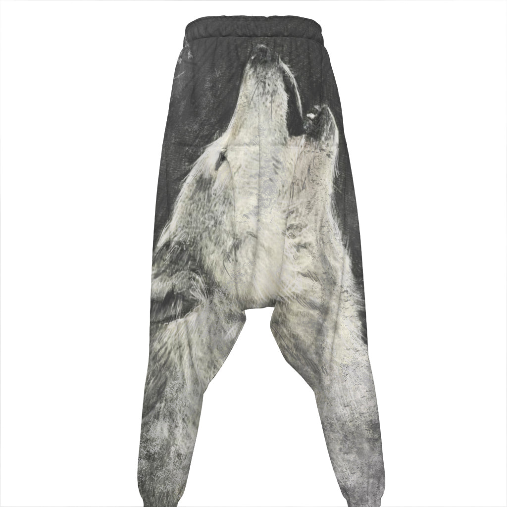 Monochrome Howling Wolf Print Hammer Pants