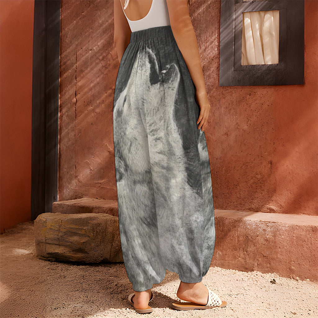 Monochrome Howling Wolf Print Harem Pants